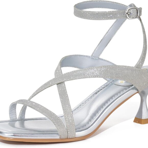 Women's Faux Leather Kitten Heels 2.4 Inch Summer Dress Shoes with Ankle Strap - Picture 1 of 6